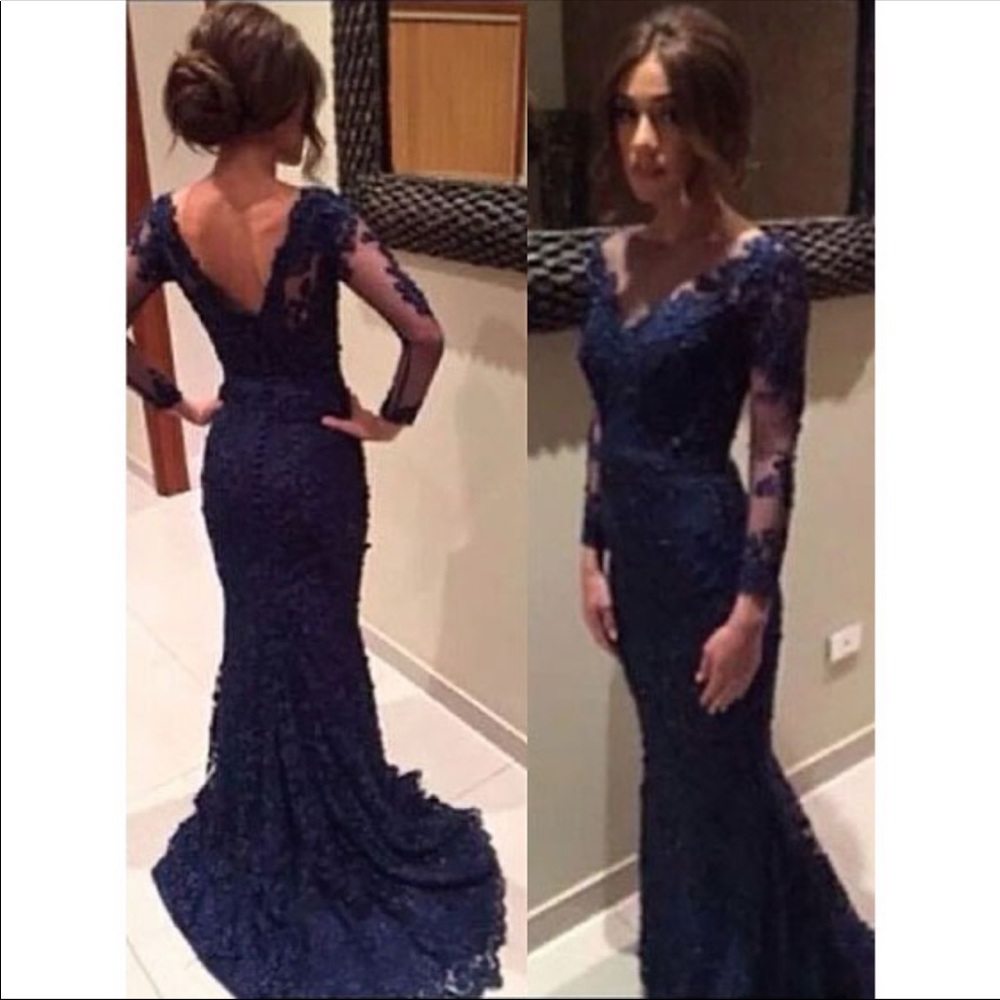 Navy blue long sleeve mermaid prom dress
